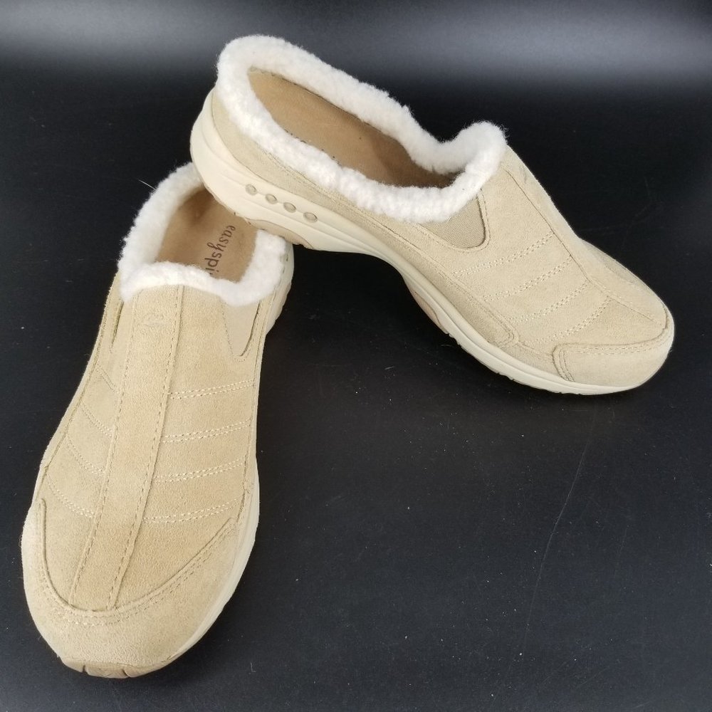 Easy Spirit Women US 8.5 Shoes Mule Clog Slip On Travel Suede Tan Faux Fur Trim